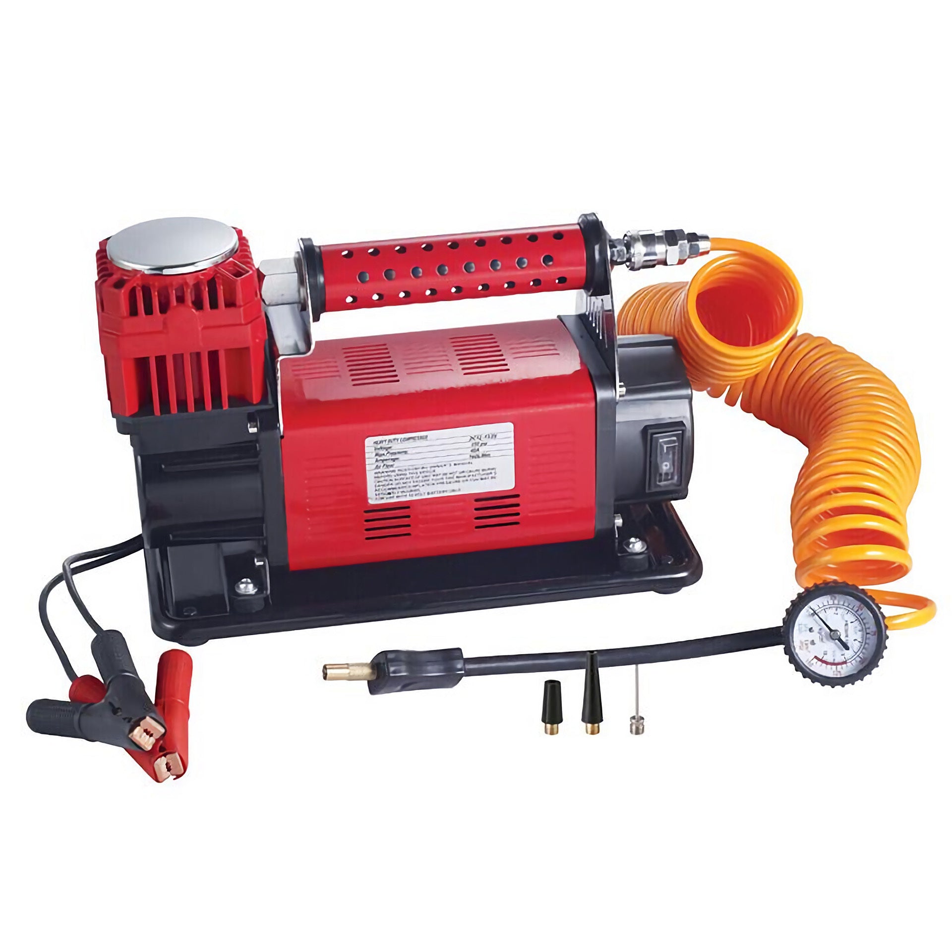 Kompressori 12V 160L Kantokassilla,punainen.Kuvassa kaikki kompressorin osat. keltainen paineilmaletku.