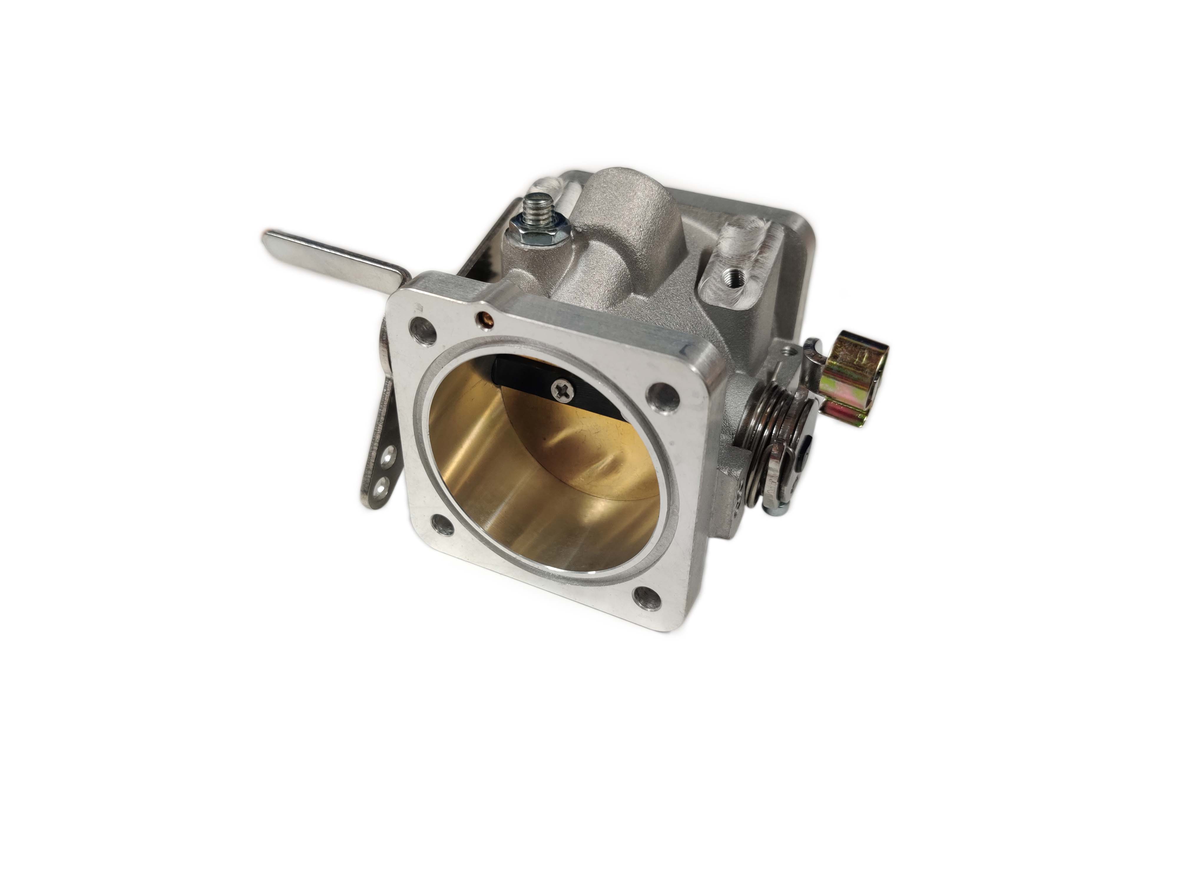 Kromin värinen kaasuttimen OBX 50mm läppärunko ylhäältä edestä kuvattuna.