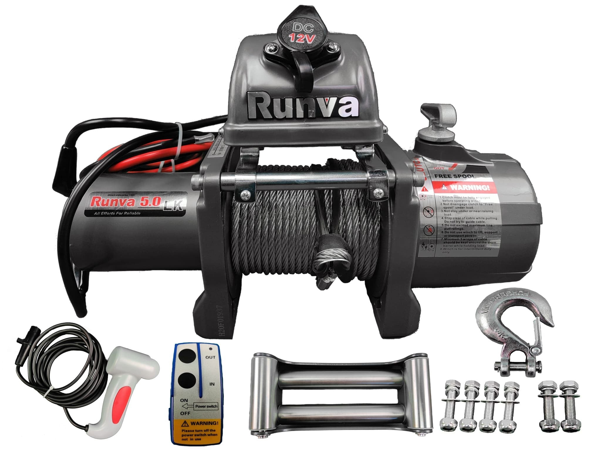 runva sähkövinssi ewl 5000k ja kaikki varusteet. Kuvassa vinssin rullakita, salpakoukku, vinssin langaton kauko-ohjain, langallinen kauko-ohjain ja muut tarvikkeet. Laadukas runva sähkövinssi. hullunmylly.fi