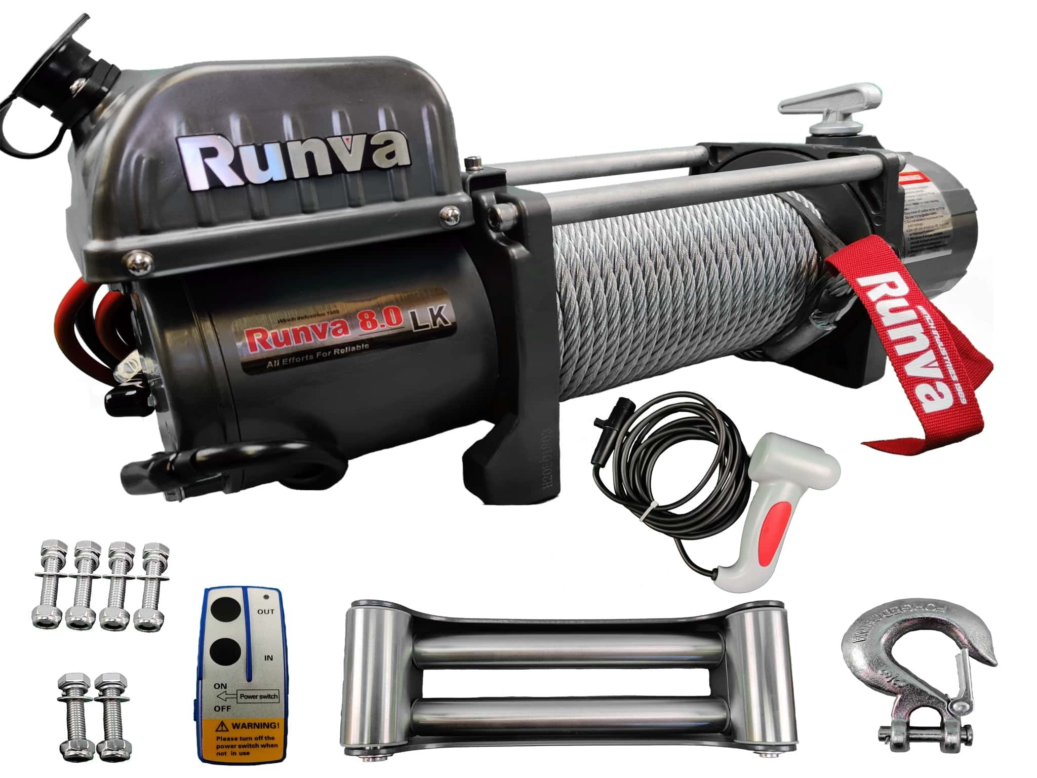 Runva-sähkövinssi ewl8000 12volttinen,vaijerilla. Kuvassa myös kaikki lisäosat kuten langaton kauko-ohjain, rullakita, salpakoukku, langallinen kauko-ohjain.