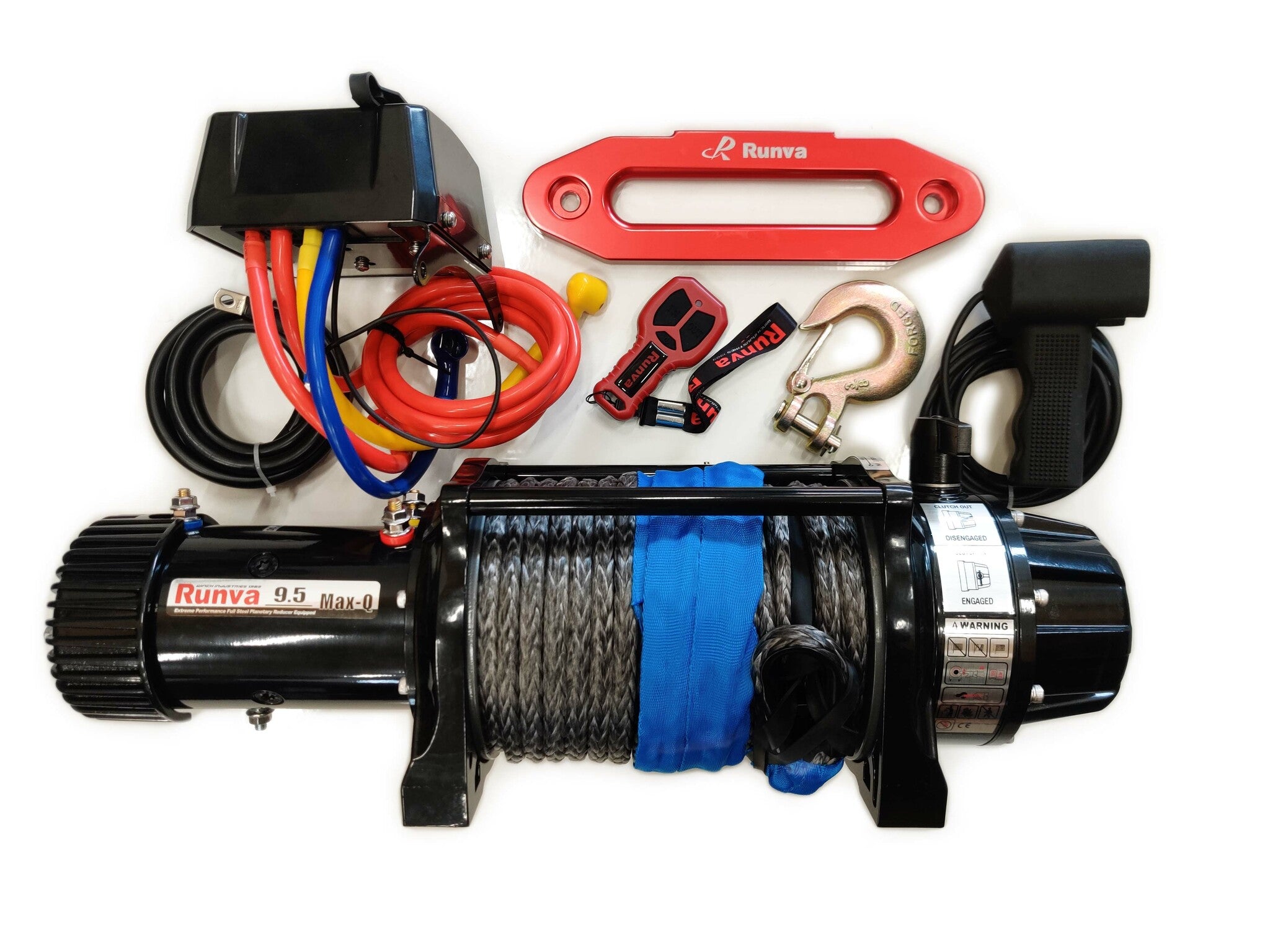 Runva Sähkövinssi EWB9.5Q-MAX köydellä 24V-kuvassa kaikki lisäosat,kaukosäädin,liukukita,salpakoukku ja runva releboxi