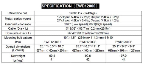 Sähkövinssi Runva EWD12,000 Kaksinopeuksinen 12v/24v 5443kg/2268kg vaijerilla