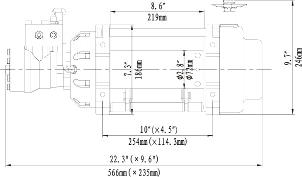 Runva merkkinen hydraulivinssi HWN 12000i, jossa vaijeri ja salpakoukku