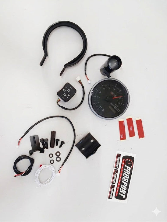 Kierroslukumittari 115mm Vaihtovalolla (0–10 000 RPM) Prosport,kuvassa kaikki osat