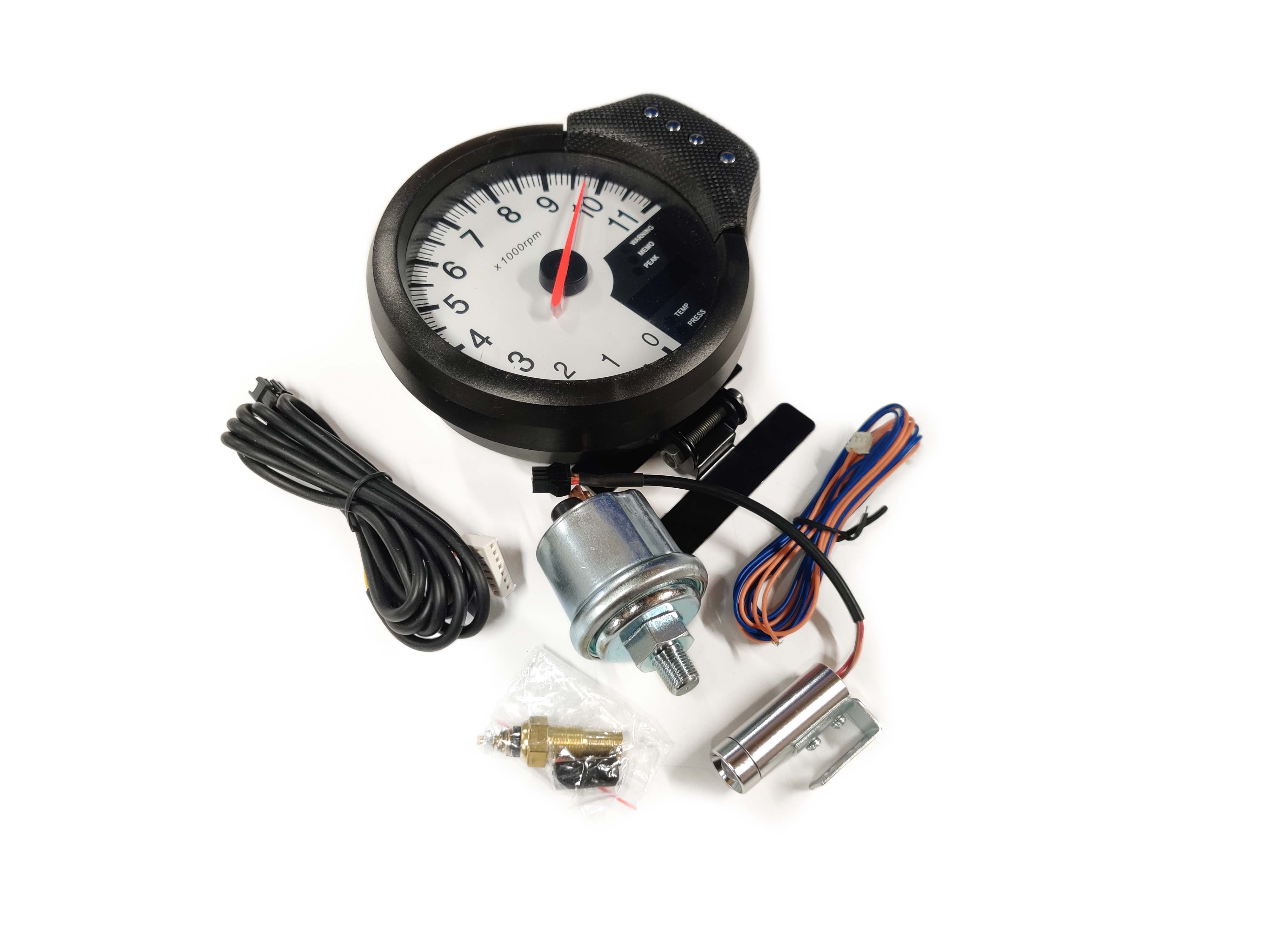 Kierroslukumittari 11,000RPM vaihtovalolla 127mm, Öljynpaine / lämpö. Kuvassa kaikki kierroslukumittarin osat.