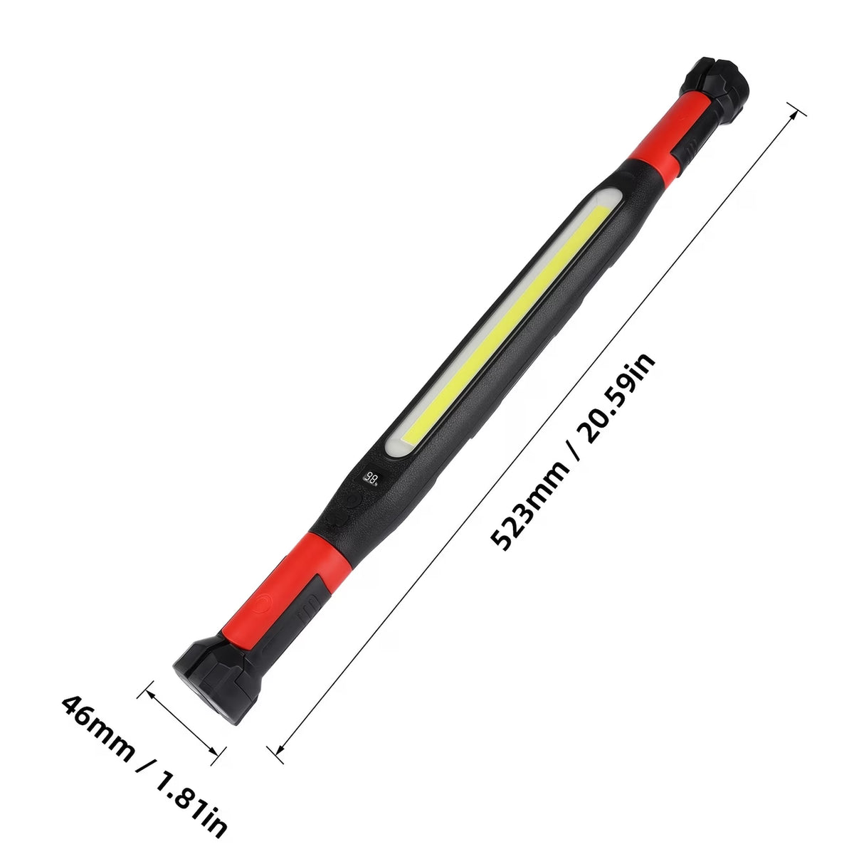 Ladattava LED-työvalo 2000 mAh-kuvassa valaisimen mitat