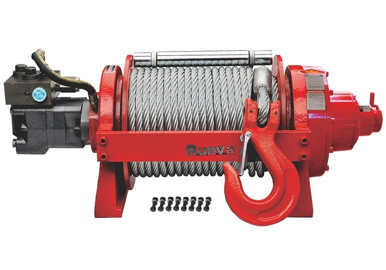 Runva hydraulivinssi punainen jossa vinssivaijeri